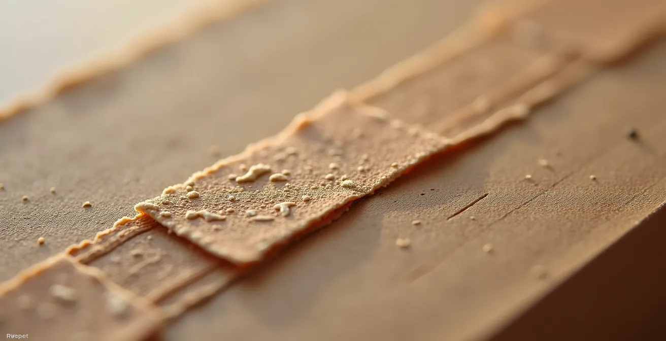 Gros plan macroscopique montrant la texture fine d'un ruban adhésif kraft personnalisé, avec les fibres du papier et la qualité d'impression visibles en détail.