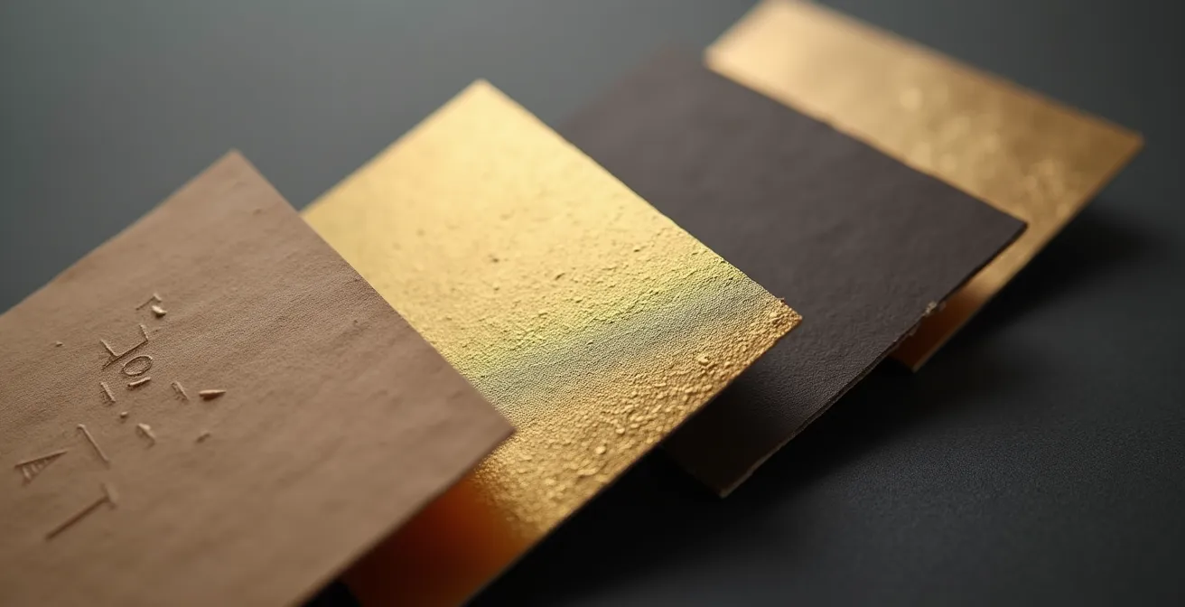 Gros plan détaillé des textures de finitions premium - gaufrage relief, dorure métallique, vernis brillant et satiné