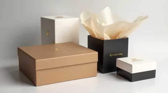 Composition élégante de matériaux d'impression et textures de packaging premium avec gaufrage et finitions metallisées