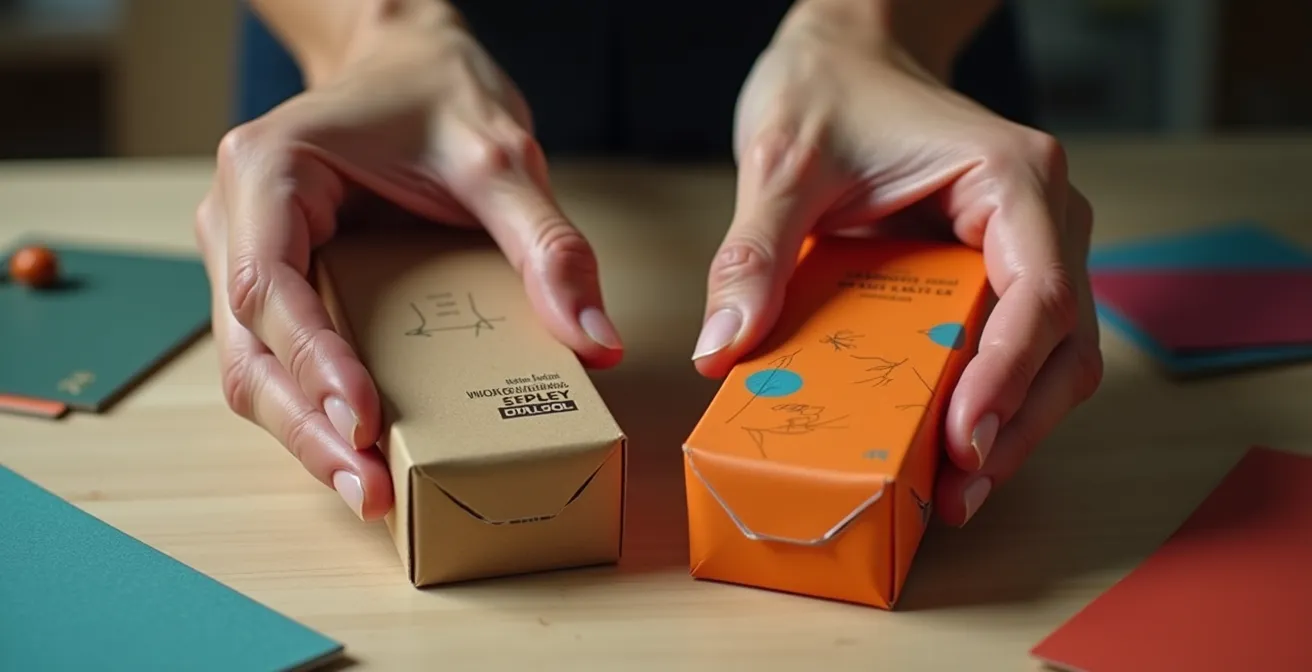 Prototypes de packaging en phase de test sur présentoir avec observation de client, démonstration visuelle d'A/B testing