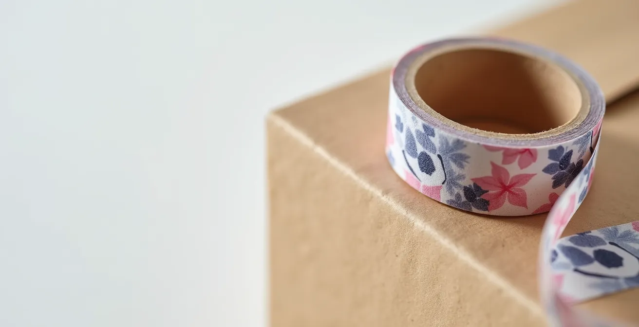 Gros plan d'un ruban adhésif personnalisé enroulé autour d'un colis, montrant l'impression du logo et les détails de conception.
