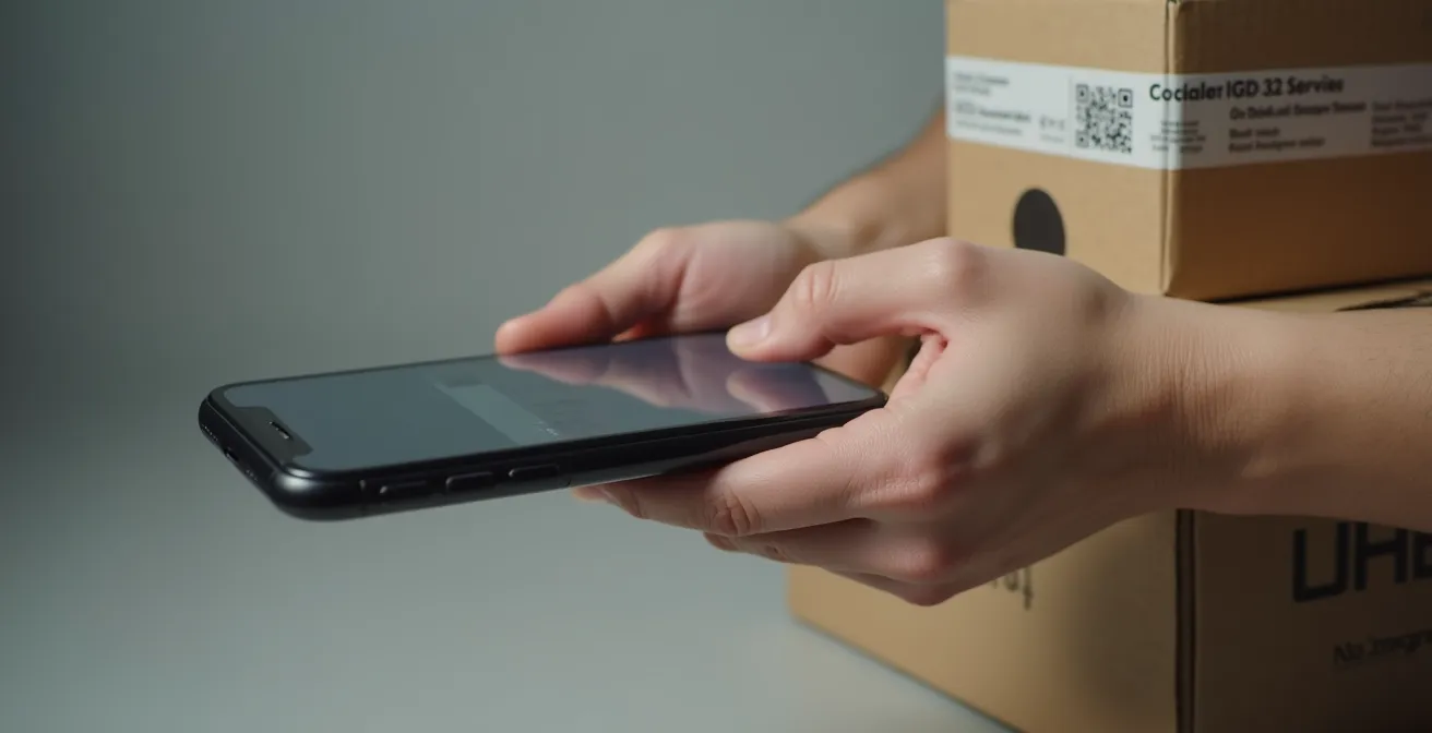 Scène minimaliste montrant une main tenant un smartphone qui scanne un code QR imprimé sur un ruban adhésif personnalisé d'un colis.