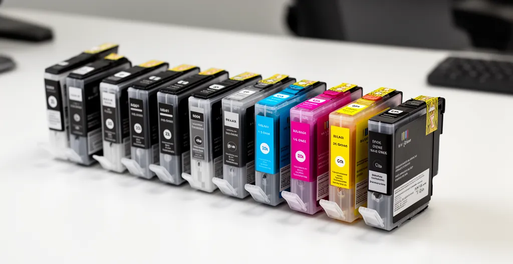 Cartouches d'encre alignées sur un bureau, originales et compatibles côte à côte