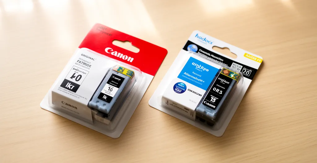 Deux cartouches d'encre posées côte à côte sur un bureau en bois clair pour comparaison visuelle