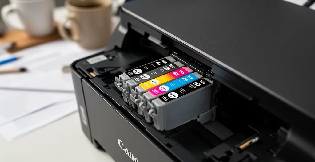 Vue détaillée du compartiment cartouches ouvert d'une imprimante Canon Pixma avec cartouches noir et couleur installées