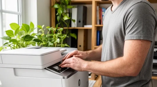 Personne consultant l'écran d'une imprimante HP blanche dans un bureau lumineux