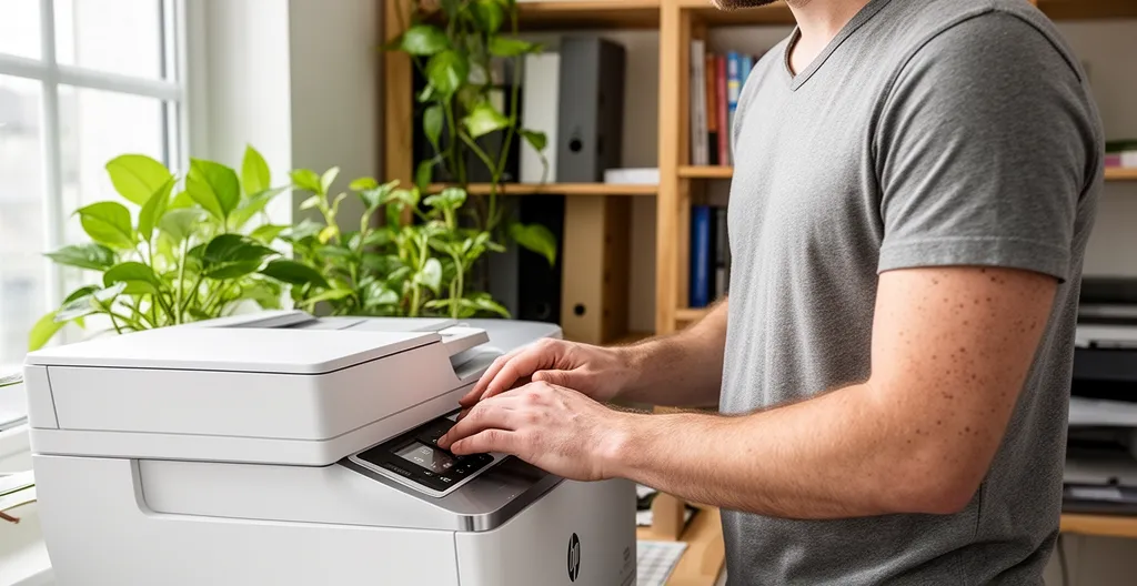 Personne consultant l'écran d'une imprimante HP blanche dans un bureau lumineux