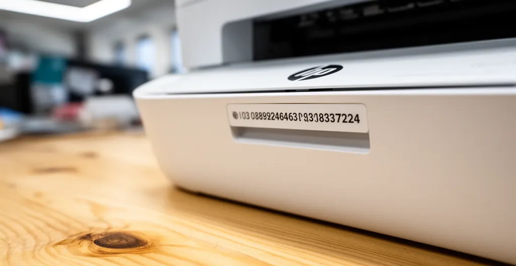 Gros plan sur la façade d'une imprimante HP montrant la zone du numéro de modèle