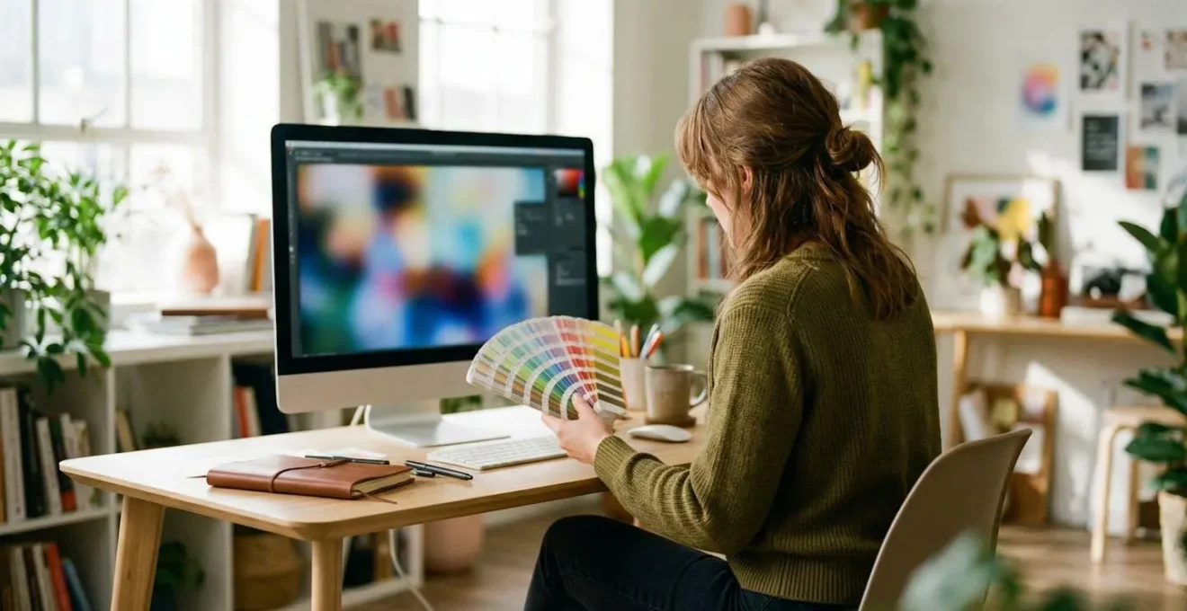 Un graphiste vu de dos compare un nuancier papier avec un écran d'ordinateur dans un bureau lumineux.