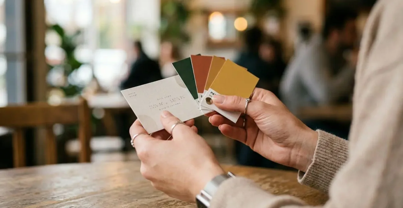 Des mains tiennent côte à côte une carte de visite imprimée et un nuancier dans un bureau moderne.