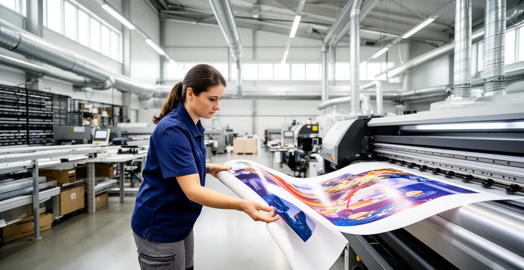 Opératrice vérifiant un tirage grand format en sortie d'imprimante