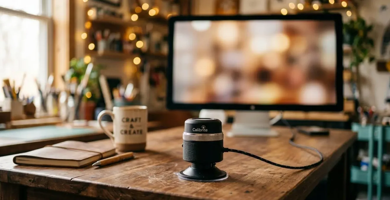 Une sonde de calibration posée sur un bureau à côté d'un écran flouté dans un atelier créatif.