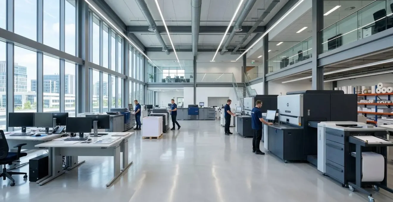 Vue grand angle d'un atelier d'impression numérique professionnel contemporain avec machines industrielles et éclairage naturel