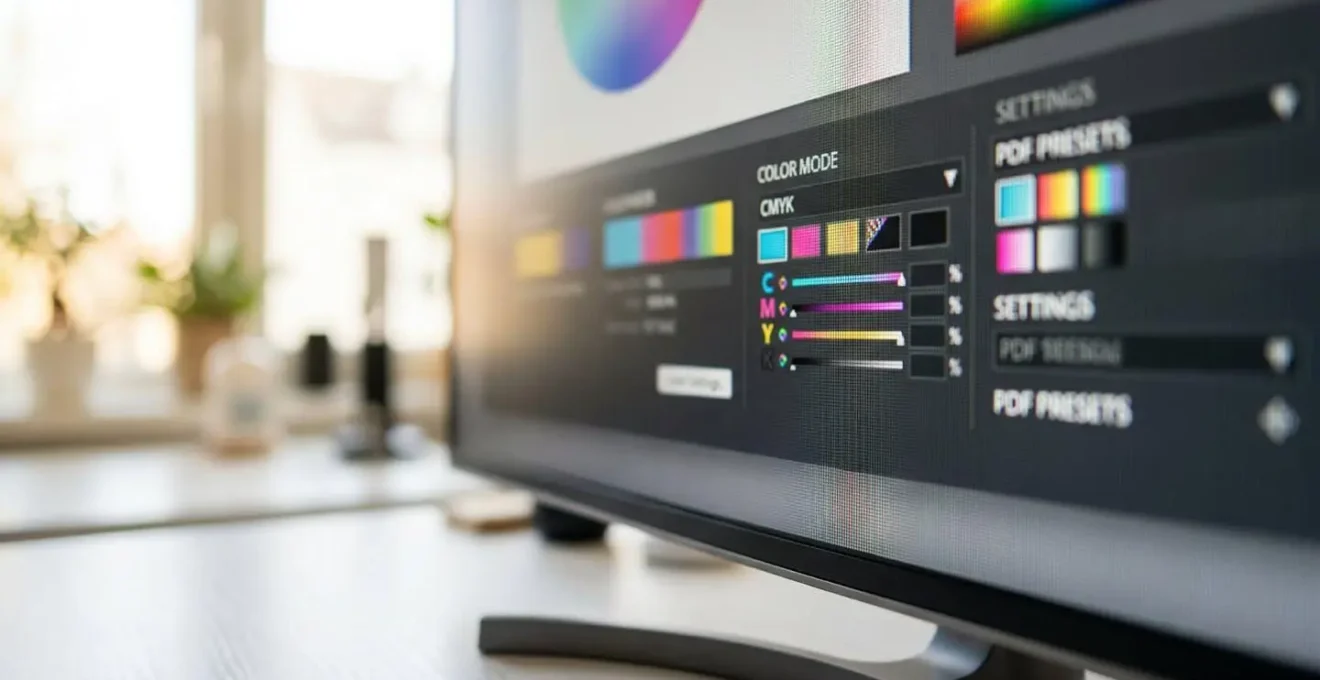 Gros plan sur un écran d'ordinateur affichant les paramètres de mode couleur CMJN dans un logiciel de mise en page