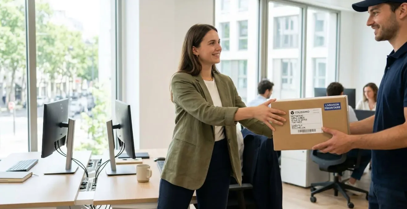 Un professionnel vu de dos réceptionne un colis de supports imprimés dans un bureau contemporain lumineux