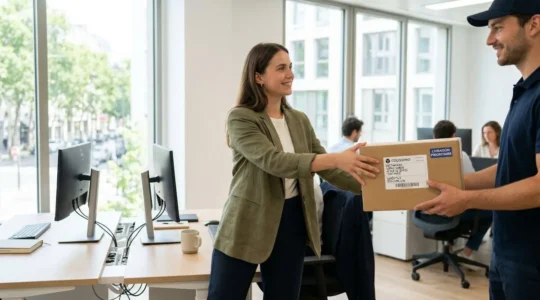 Un professionnel vu de dos réceptionne un colis de supports imprimés dans un bureau contemporain lumineux